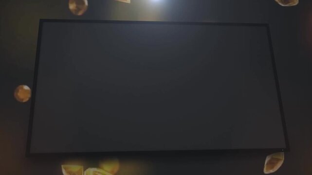 Cinematic CCTV Security Monitor Slideshow with 4-Screen Green Screen Placeholder, Falling Golden Diamonds, and Zooming Curved World Motion Background
