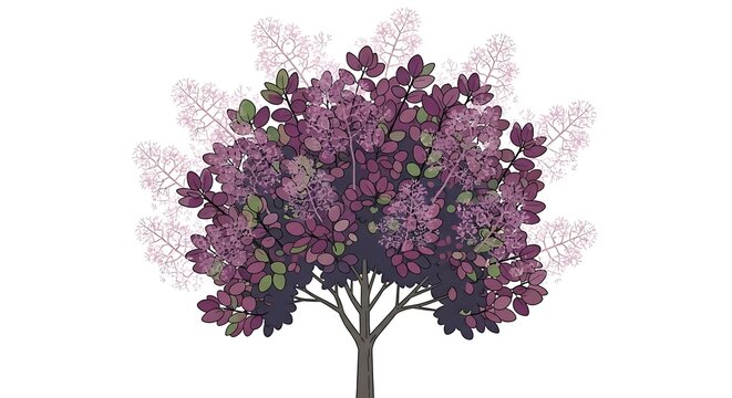A vibrant purple tree with green leaves and a sturdy trunk illustration