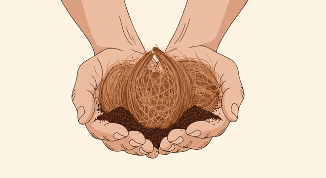 Hands cradle a nest of cocoons and dark soil, symbolizing potential and nurturing growth