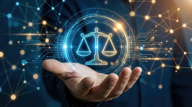 Digital scales of justice concept with futuristic technology overlay