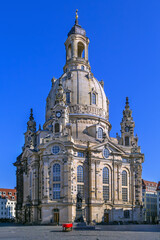 Obraz premium Frauenkirche, Dresden, Germany. Baroque church dome and facade view under clear sky in bright daylight