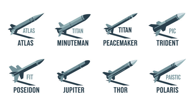 Collection of sleek, modern missile icons in a sophisticated teal and dark blue palette, featuring clean lines and sharp geometric shapes, perfect for educational materials or