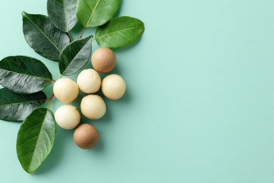Fresh Macadamia Nuts with Green Leaves on a Light Blue Background.