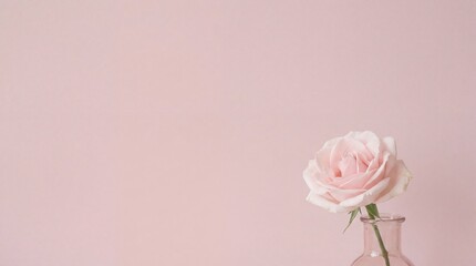 Fototapeta premium A delicate pink rose in a clear glass vase on a soft pink background