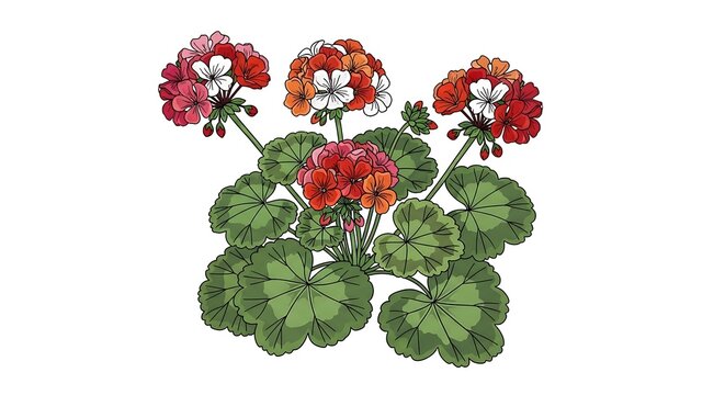 Colorful geranium flowers and leaves in a vibrant vector graphic illustration