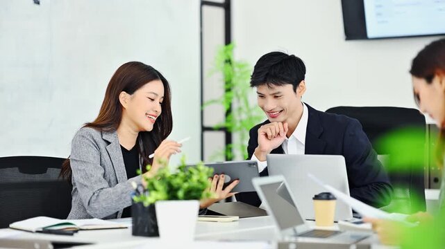 Asian business team working together in modern office. Businesswoman using digital tablet while male colleague reviewing documents on laptop. Corporate collaboration, financial analysis and teamwork c