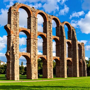 Ancient aqueduct of arches, stone construction on green field under blue sky with clouds