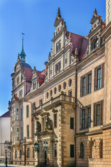 Fototapeta premium Historic Palace building at Schlossgasse, Dresden, Germany. View of facade and Schlossportal under clear sky in daylight