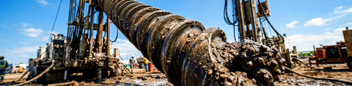 A powerful industrial drilling auger, showcasing its robust, mud-caked spiral and heavy-duty drill bit encrusted with dirt and stones, essential equipment for demanding ground excavation,...