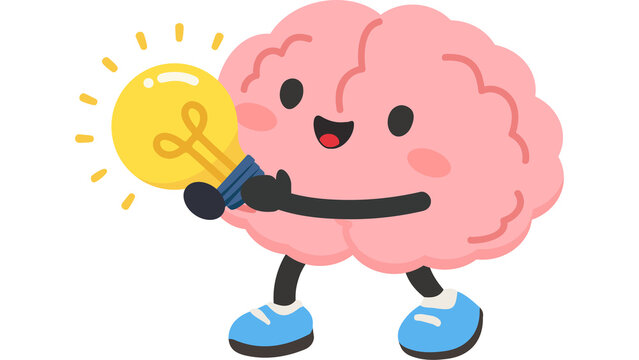 Happy brain holding lightbulb idea concept illustration | Smiling brain character holding glowing lightbulb representing creativity