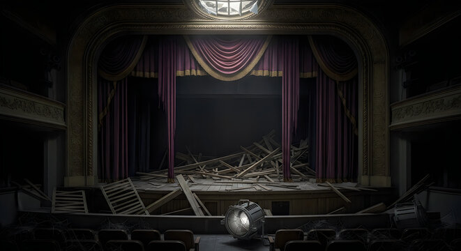 Abandoned theater stage with debris and a spotlight shining down in darkness