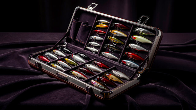 Organized collection of colorful fishing lures displayed within a premium hard shell storage case featuring individual slots for each piece to ensure they remain secure and protected for