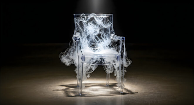 Transparent chair with smoke rising from it in a dark room interior