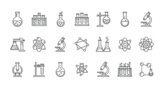 Science and lab line icon set. Editable stroke. Laboratory equipment icons. Simple outline symbols. Vector Illustration