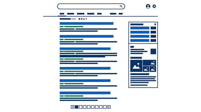 Abstract search engine interface with results and sidebar layout