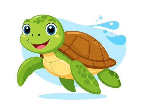 Cartoon turtle swimming. Green body, brown shell. Smiling. Splashes of blue behind it. Cute, friendly