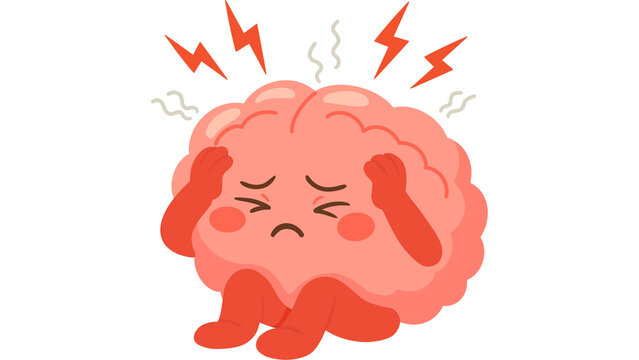 Brain stress headache overthinking mental health concept - Cute brain character showing anxiety stress and headache with emotional expression