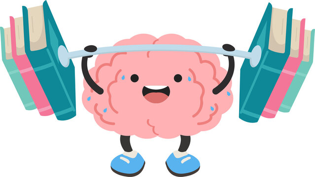 Brain lifting weights mental strength concept illustration - Cartoon brain character lifting weights representing focus discipline and cognitive strength