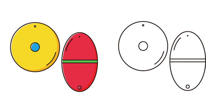 Colorful Fishing Floats and Bobbers Set with Black and White Line Art Version, Vector Illustration of Fishing Gear Icons for Outdoor Hobbies and Coloring Book Pages for Kids