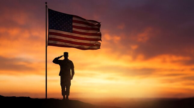 A soldier salutes the American flag at sunset on a hill.