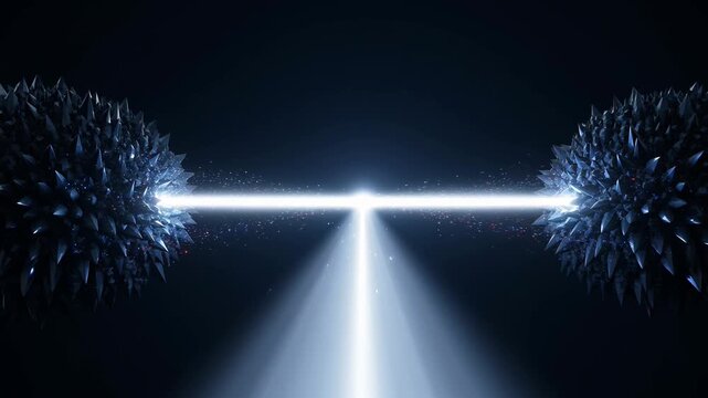 Abstract futuristic 3D animation of two spiky spheres connected by a glowing energy beam and light rays on a black background