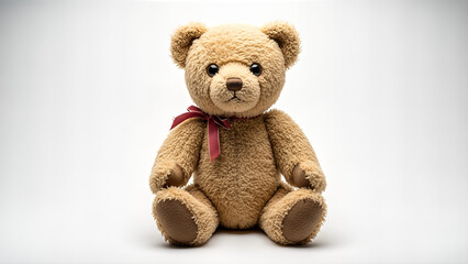 Obraz premium A classic fluffy brown teddy bear with a red ribbon tied around its neck, sitting against a plain white background.