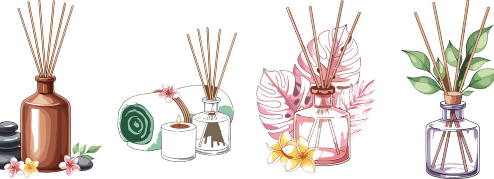 Aromatic reed diffuser collection with glass bottles, essential oils and decorative plants, home fragrance vector illustration set