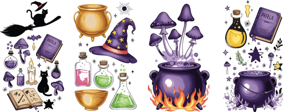Witchcraft and magic potion collection with cauldron, spell book, mushrooms and mystical elements in fantasy vector illustration set