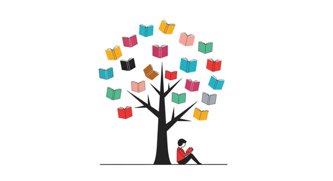 Person reading under a tree with books as leaves.