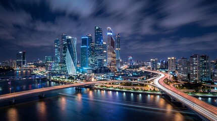 Obraz premium A cityscape at night with a bridge and skyscrapers lit up
