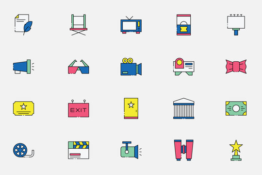 Cinema movie theater and entertainment industry icons set