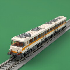 Obraz premium Lego Model of a White and Orange Passenger Train on Tracks with Green Background