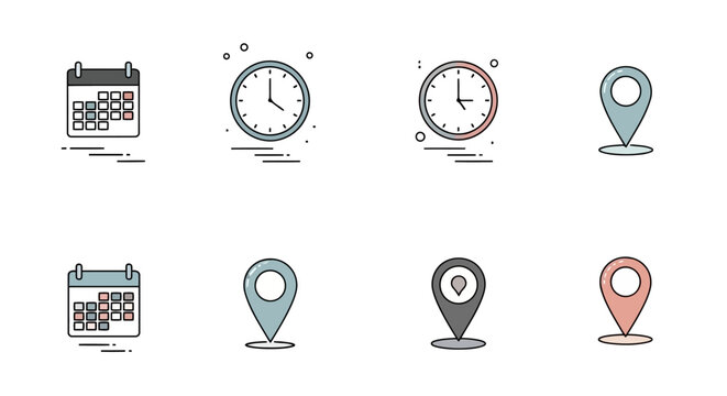 Minimalist Line Art Schedule and Location Icons Set for Time Management and Navigation UI