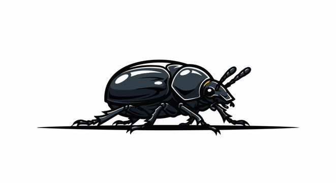 A glossy black beetle with detailed legs and antennae is depicted against a white background