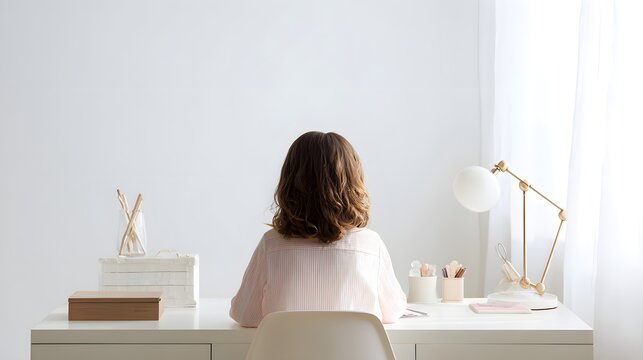 Child sitting at a white minimalist desk from a back angle. Bright and clean home education or student workspace concept.