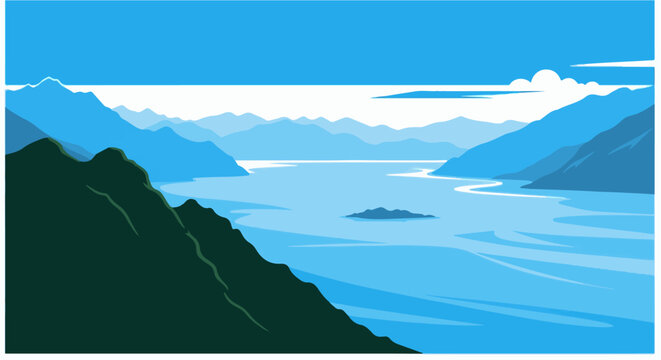 Serene blue mountain lake vista with forested foreground