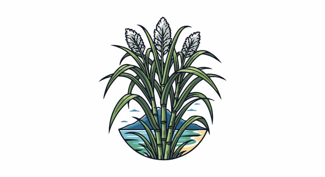 Lush green sugar cane stalks with feathery tops rise above a tropical beach scene