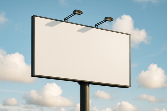 Blank outdoor billboard mockup with clean white display and lighting fixtures against bright blue sky with clouds for advertising presentation concept. Ai generative