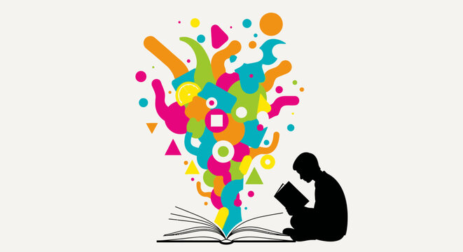 Silhouette of person reading book with colorful abstract shapes emerging.