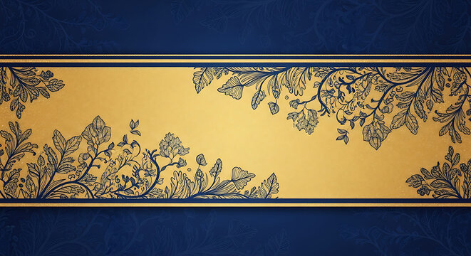 Elegant floral pattern with blue vines and leaves on a golden background with textured borders.