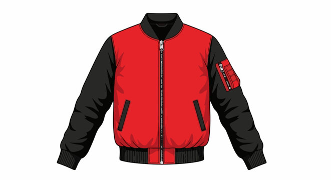 A two-toned bomber jacket with a red body and black sleeves, featuring a zipper