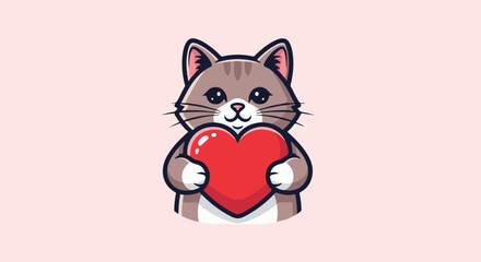 Fototapeta premium A cartoon cat with big eyes and stripes holds a bright red heart