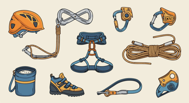 Illustrated climbing gear laid out on a neutral background, including helmet, harness, ropes, carabiners, and footwear