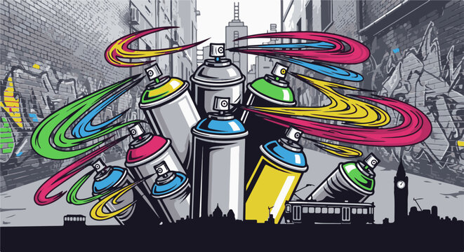 Colorful spray paint cans exploding with vibrant streams of color on a gritty city street
