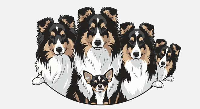 Five dogs, four large and one small, are depicted in this vector illustration