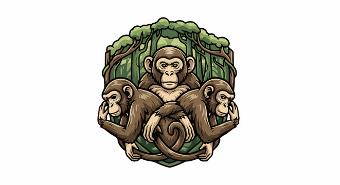Three monkeys in a forest setting, depicted with cartoon-like features and bold outlines