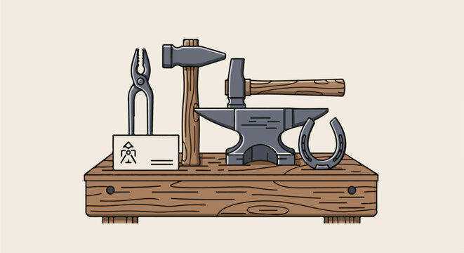Stylized illustration of blacksmith tools anvil, hammers, tongs, and horseshoe