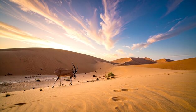 Lone oryx walks through sand dunes under vibrant, wispy sunset sky