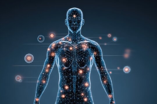 Glowing representation of the human body showing various allergic reactions and allergens affecting health in a modern digital style