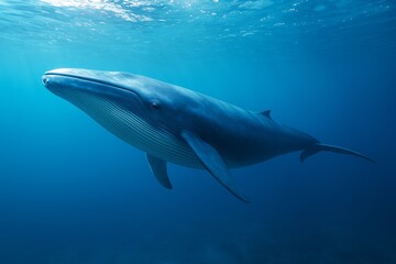 Fototapeta premium Majestic blue whale swimming gracefully underwater with natural light rays illuminating the deep ocean background in a creative composition. Ai generative